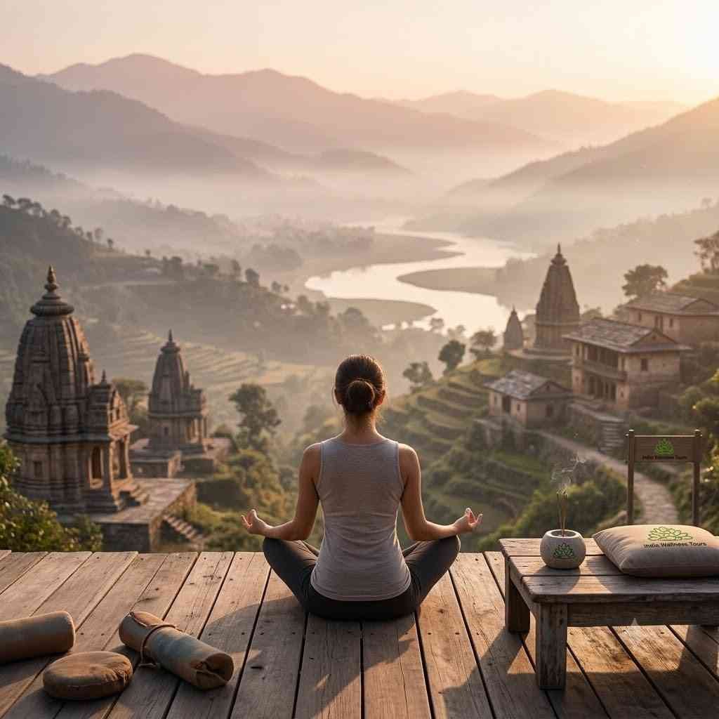Woman meditating on deck during a misty sunrise in India