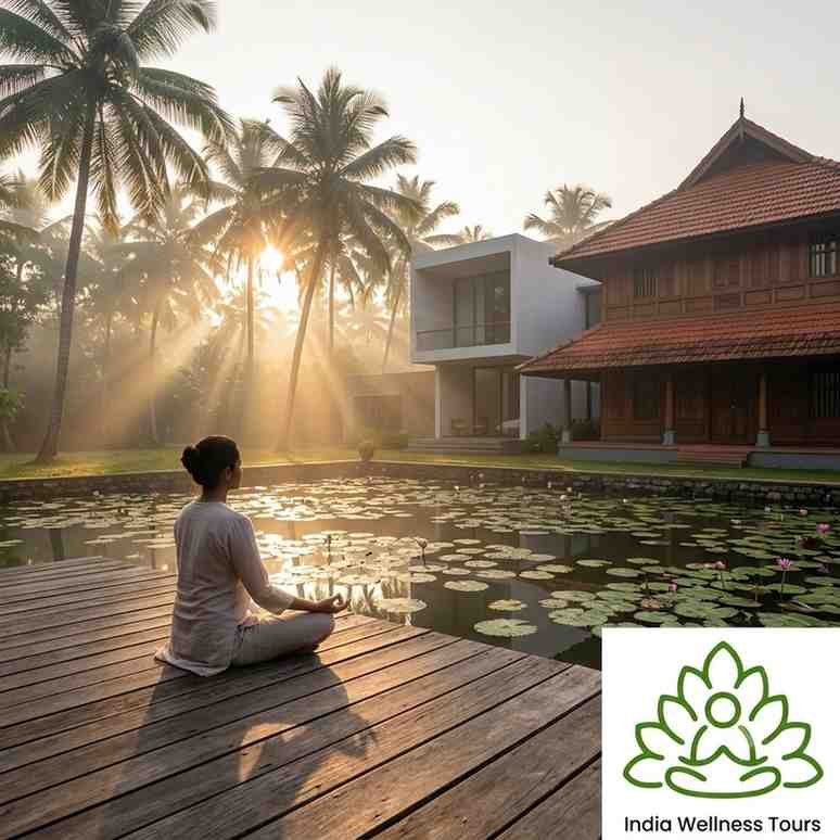 Kerala retreat at dawn with lotus pond, meditating person, and logo.