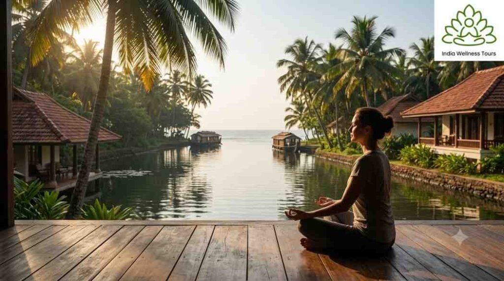 Woman meditating at a peaceful Kerala wellness resort.