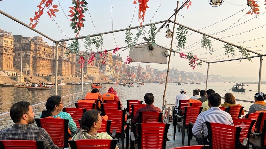 Passengers on a decorated boat ride past Varanasi's ghats.