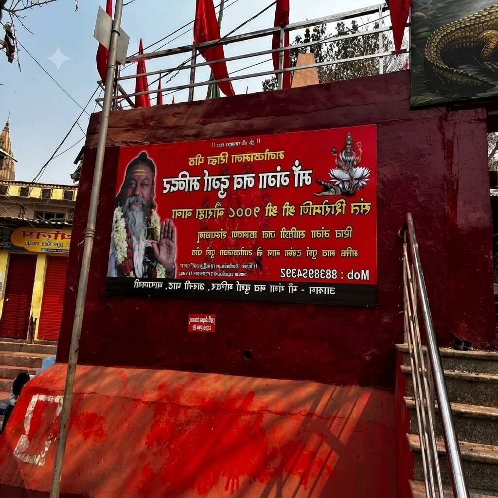 Red signboard with text and a sadhu portrait in a temple.